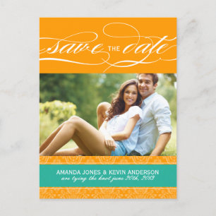 Cartão Postal De Anúncio Jade e Laranja Damask Save the Date