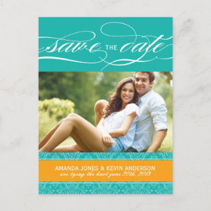 Cartão Postal De Anúncio Jade e Laranja Damask Save the Date