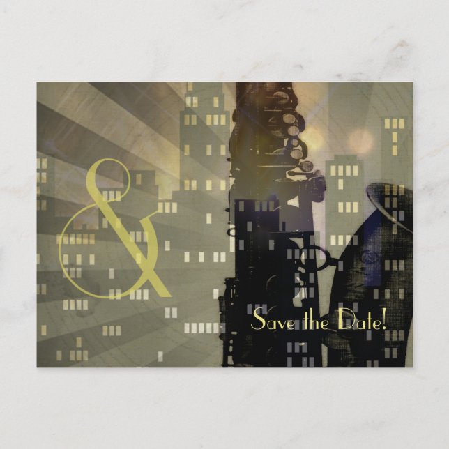 Cartão Postal De Anúncio Jazz Age Saxophone City Skyline Set (Frente)