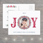 Cartão Postal De Anúncio Joy Retro Floral Foliday Wreath One Photo Colortio<br><div class="desc">Envie saudações alegres e na moda e compartilhe uma foto favorita com cartões-postais coloridos festivos. Todo o texto deste modelo é simples de personalizar com qualquer texto. (DICA DE IMAGEM: Uma maneira fácil de posicionar uma foto exatamente como você deseja é recortá-la antes de carregá-la no site do Zazzle.) A...</div>