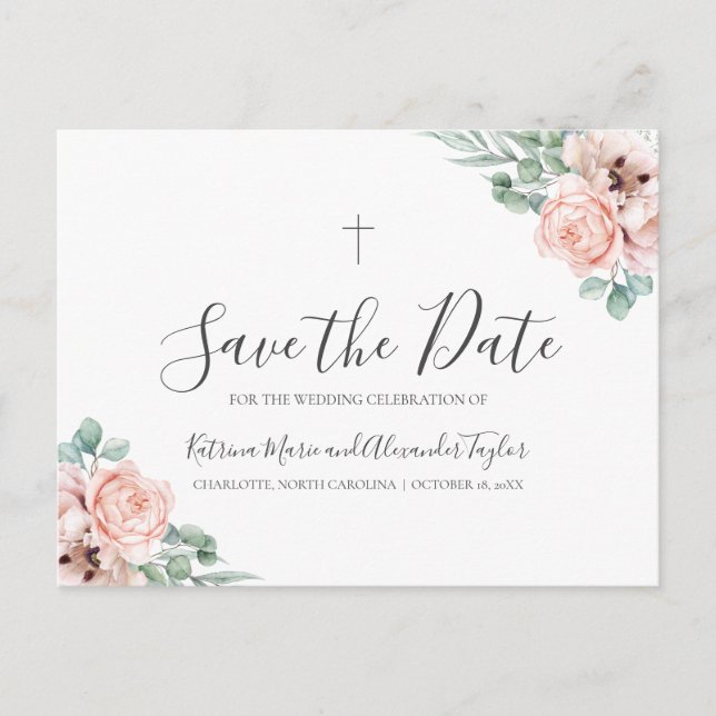 Cartão Postal De Anúncio Katrina Christian Cross Greenery Salvar a Data (Frente)