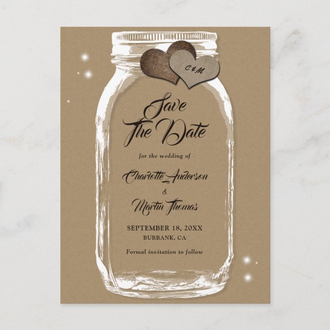 Cartão Postal De Anúncio Kraft Paper Mason Jar Weding Date (Salvar A Data) (Frente)