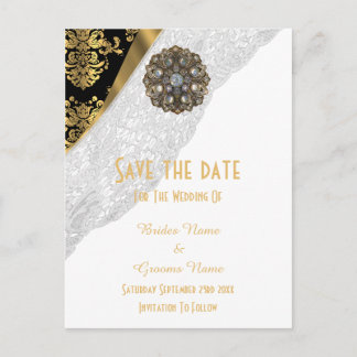 Cartão Postal De Anúncio Lace branco, damasco preto e dourado salvar a data