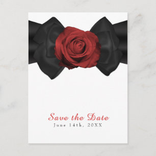 Cartão Postal De Anúncio Laço de Fita Preto & Rosa Vermelha Save the Date E