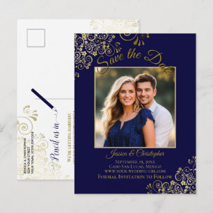Cartão Postal De Anúncio Lacy Dourado no Marinho Blue Wedding Salvar a Foto