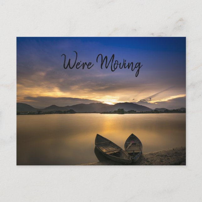 Cartão Postal De Anúncio Lago Boats Mountain Sunset Rocks Mudança de endere (Frente)