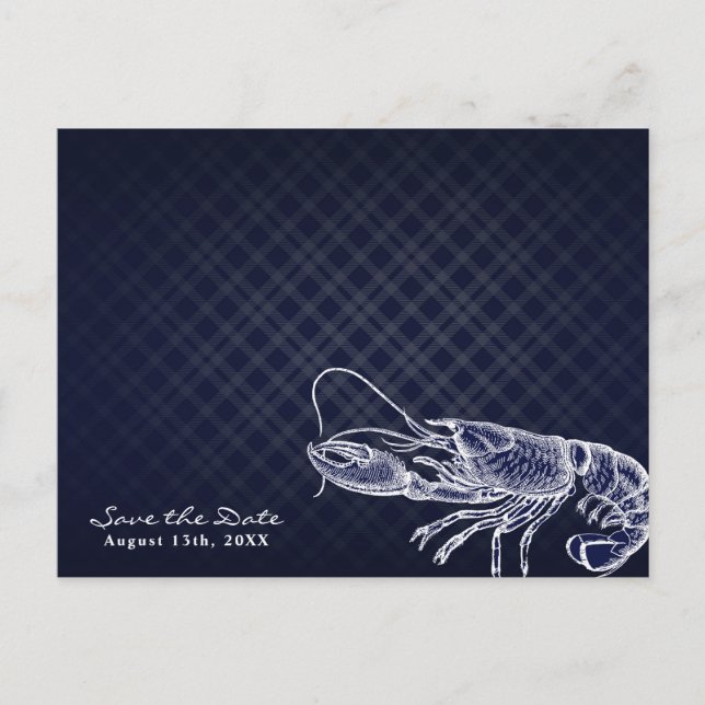 Cartão Postal De Anúncio Lagosta Vintage Azul Marinho Elegante Salve a Data (Frente)