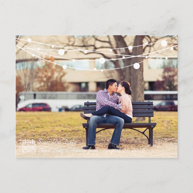 Cartão Postal De Anúncio Lanternas de Dupla Felicidade para Casamento Save  (Frente)