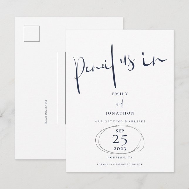 Cartão Postal De Anúncio Lápis Mínimo Us Em Script Azul-Marinho Salvar A Da (Frente/Verso)