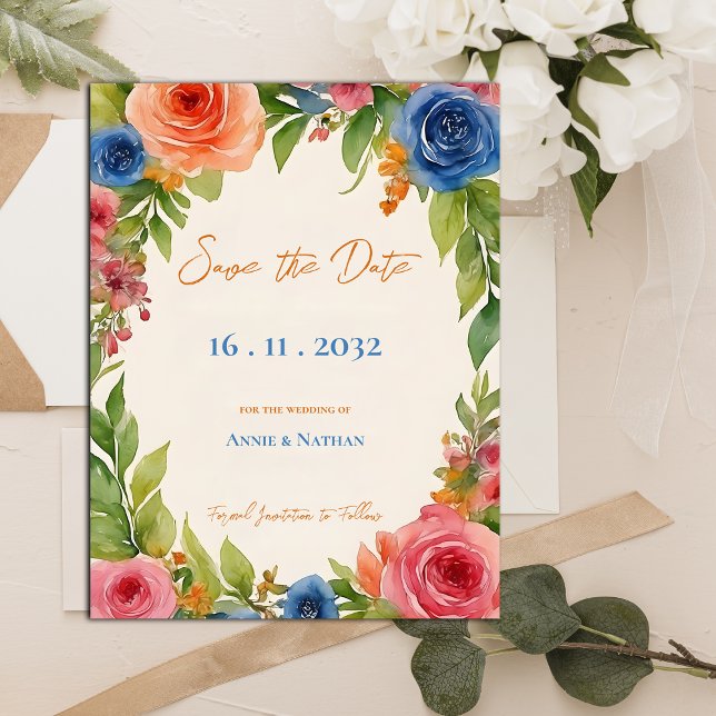Cartão Postal De Anúncio Laranja Azul Chic Flores Florais Desabrem Casament (Chic Orange Blue Flowers Bloom Floral Wedding Announcement Postcard)
