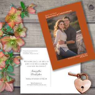Cartão Postal De Anúncio Laranja Ferrugem Casamento Minimalista Foto Salvar