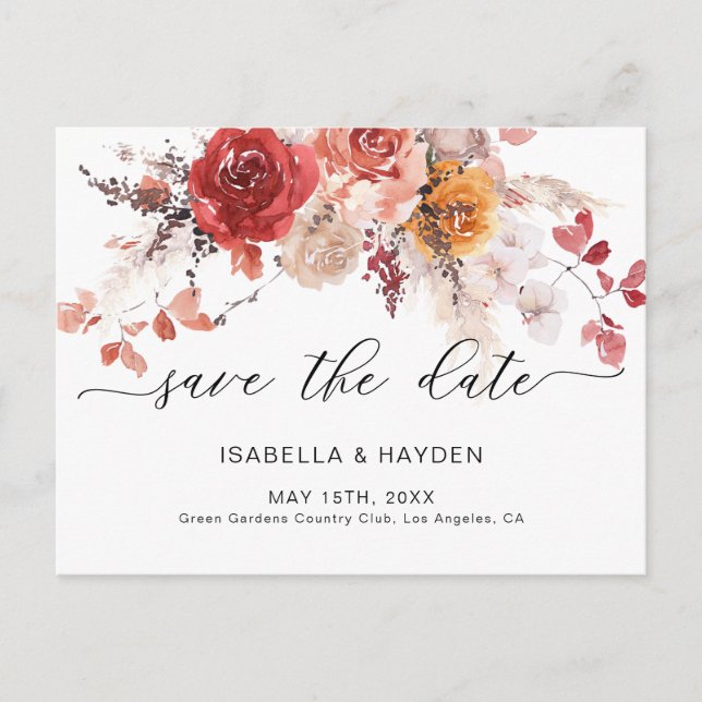 Cartão Postal De Anúncio Laranja Queimada Boho Pampas Terracota Salve A Dat (Frente)