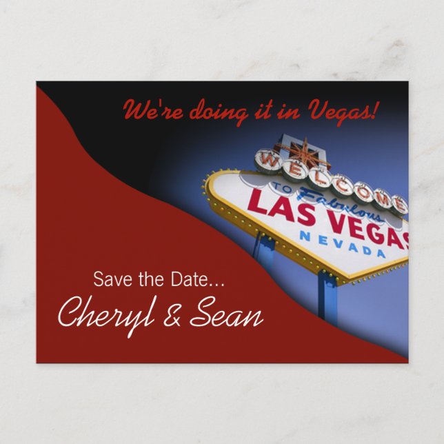 Cartão Postal De Anúncio Las Vegas Guarde a data (vermelho escuro) (Frente)