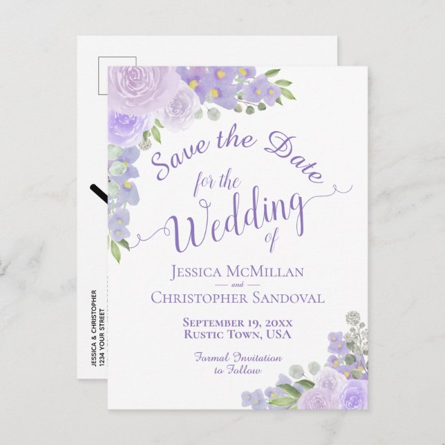 Cartão Postal De Anúncio Lavanda Floral Caligrafia Casamento Salve a Data (Frente/Verso)