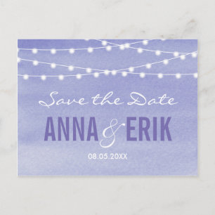 Cartão Postal De Anúncio Lavendar Watercolor String Lights Salva A Data
