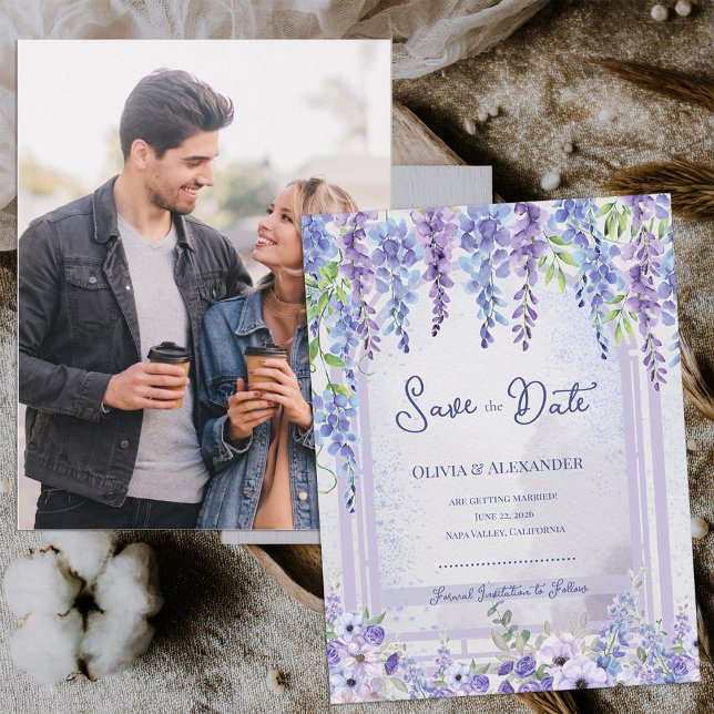 Cartão Postal De Anúncio Lavender Wisteria Floral Arch Photo Save the Date  (Lavender Wisteria Floral Arch Photo Save the Date | Romantic Purple Garden Wedding Announcement)