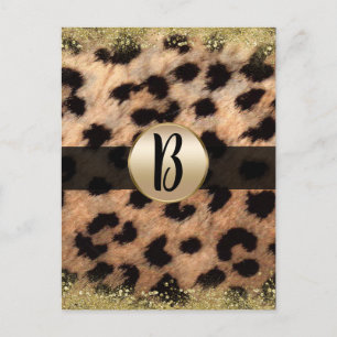 Cartão Postal De Anúncio Leopard Cheetah Dourada Glitter Monogramas
