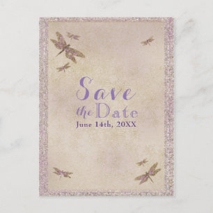 Cartão Postal De Anúncio Libélulas Roxo e Dourado Save the Date