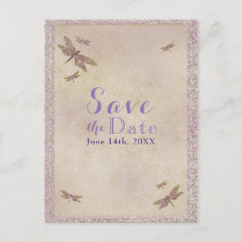 Cartão Postal De Anúncio Libélulas Roxo e Dourado Save the Date