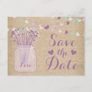 Cartão Postal De Anúncio Lilac Purple Mason Burlap Lace Salve a Data