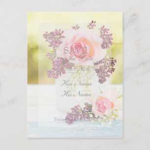 Cartão Postal De Anúncio Lilacs e Rosas Vintage salvam a data de casamento