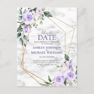 Cartão Postal De Anúncio Lilás Lavanda Dourado Geométrico Adiar a Data
