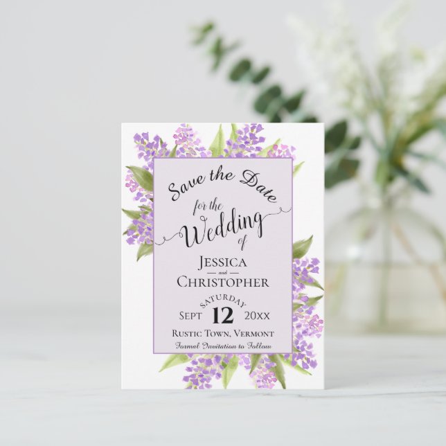 Cartão Postal De Anúncio Lilases Aquarela Casamento Salvar a Data Lavanda (Em pé/Frente)