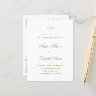 Cartão Postal De Anúncio Limpar Casamento Clássico Dourado Salve a Data