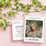 Cartão Postal De Anúncio Linda Script Sweet 16 Foto para salvar a data<br><div class="desc">Bonito minimalista,  Sweet 16 salve o cartão-postal com uma foto e um roteiro bonito. Adicione o nome da aniversariante e os detalhes das 16 celebrações doces em fontes pretas contra um fundo branco. Doce dezesseis guarde o cartão postal personalizado com uma foto da aniversariante.</div>