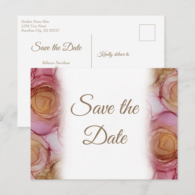 Cartão Postal De Anúncio Lindo Carmim Floral Casamento Salve a Data (Frente/Verso)