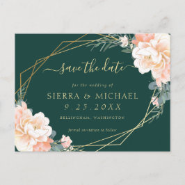 Cartão Postal De Anúncio Lindo Verde Esmeralda Pêssego Dourado Floral Save 
