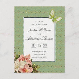 Cartão Postal De Anúncio Lírios Elegantes & Borboleta Joia Casamento Save T