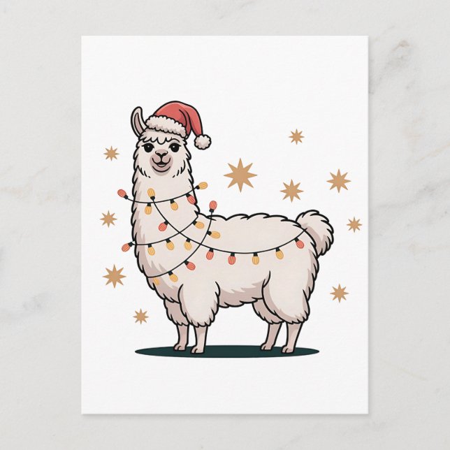 Cartão Postal De Anúncio Llama Alpaca With Santa Hat And Christmas Light (Frente)