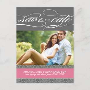 Cartão Postal De Anúncio Lolly Pink e Cinza Damask Save Date (Salvar a data