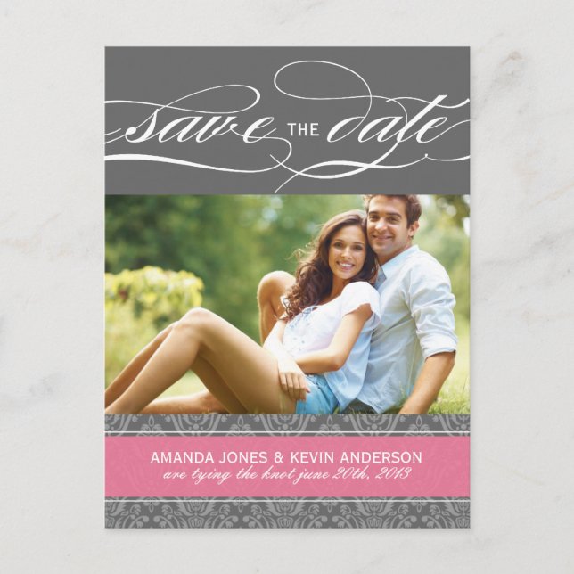 Cartão Postal De Anúncio Lolly Pink e Cinza Damask Save Date (Salvar a data (Frente)