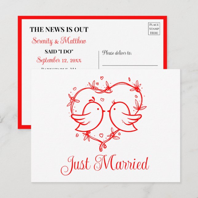 Cartão Postal De Anúncio Lovebirds Boho Red Love Heart Just Married Wedding (Frente/Verso)