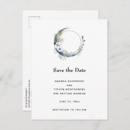 Cartão Postal De Anúncio Lua Crescente Azul com Flores Brancas