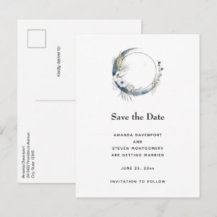 Cartão Postal De Anúncio Lua Crescente Azul com Flores Brancas