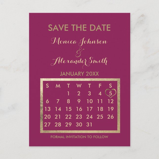 Cartão Postal De Anúncio Luxury Burgundy Gold Calendar Save the Date (Frente)