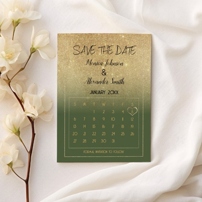 Cartão Postal De Anúncio Luxury Mint Gold Glitter Calendar Save the Date  (Luxury Mint Gold Glitter Calendar Save the Date Announcement Postcard)