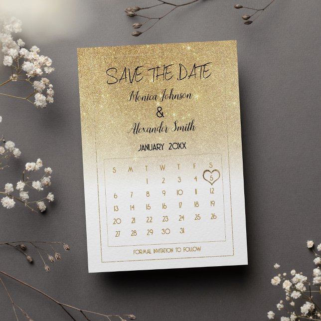 Cartão Postal De Anúncio Luxury White Gold Glitter Calendar Save the Date  (Luxury White Gold Glitter Calendar Save the Date Announcement )