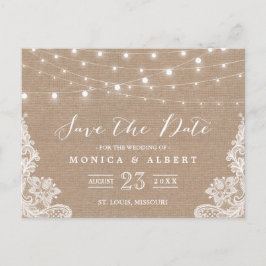 Cartão Postal De Anúncio Luz de Corda Russa Burlap Lace | Salvar a data