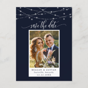 Cartão Postal De Anúncio Luzes de Corda Azul Marinho Foto Save The Date