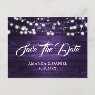 Cartão Postal De Anúncio Luzes de Corda de Madeira Rústica Roxa Casamento