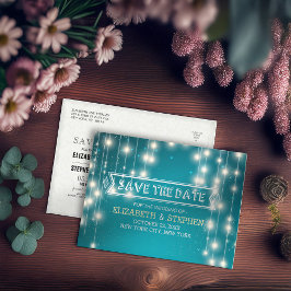 Cartão Postal De Anúncio Luzes de Corda Turquesa Chic para Casamento Save t