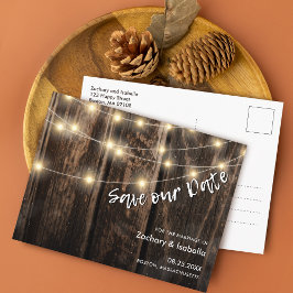 Cartão Postal De Anúncio Luzes de Madeira Rústica Casamento Salvar a Data