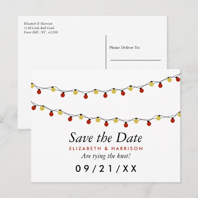 Cartão Postal De Anúncio Luzes de string modernas, vermelho e Dourado Salva (Frente/Verso)