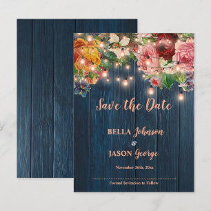 Cartão Postal De Anúncio Luzes Florais de Madeira Azul para Casamento Save