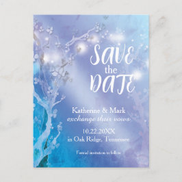 Cartão Postal De Anúncio Luzes mágicas Casamento branco azul Salvar a data