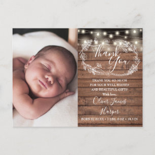 Cartão Postal De Anúncio Luzes Rústicas de Cordão com Foto de Bebê Obrigado